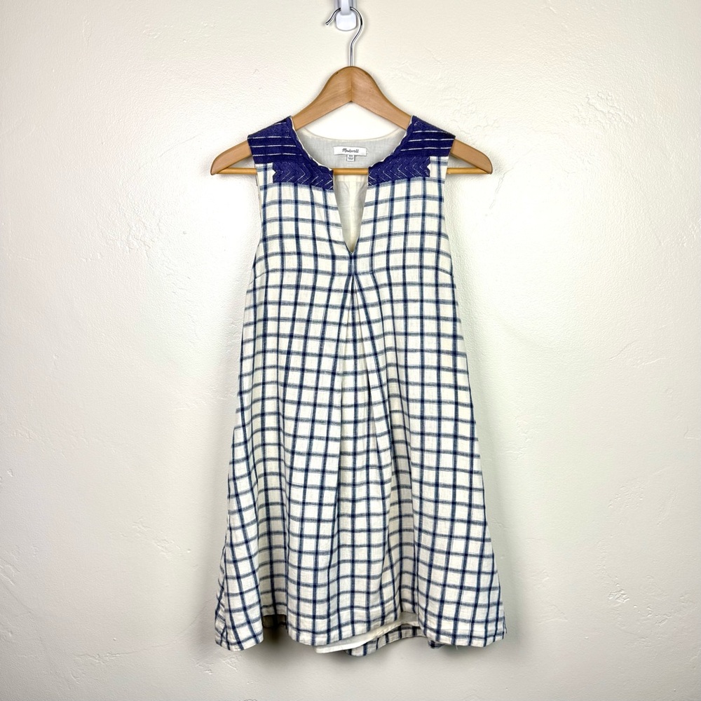 Madewell Blue White Linen Blend Plaid Shift Dress Embroidered Neck